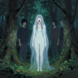 in the style of audrey kawasaki, thomas kinkade, shinsui ito, joshua middleton, transparent ghost screaming, full body, in the woods, moody lighting