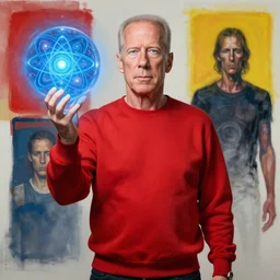 shaman chakra telekinesis red artificer Bruce Willis wearing crimson sweatshirt brandishes a blue atomic orb meditation norman ackroyd jim lambie greg rutkowski rothko tombow