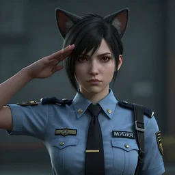 catgirl officer with cat ears saluting, somber face, serious, screenshot from metal gear solid v : phantom pain, cinematic cutscene, medium shot, directed by hideo kojima, solemn, dramatic, high quality,