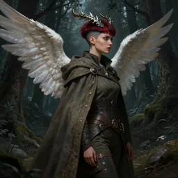 cinematic side portrait rugged female angel, adventurer outfit large cloak, fantasy forest landscape, dragon scales in hair, fantasy magic, undercut hairstyle, short red black fade hair, dark light night, intricate, elegant, sharp focus, illustration, highly detailed, digital painting, concept art, matte, art by WLOP and Artgerm and Greg Rutkowski and Alphonse Mucha, masterpiece