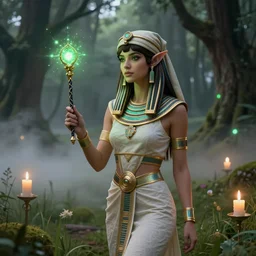Beautiful woman, elf, Brown hair, magic wand, candles, light fog, green lights, head scarf, meadow in the forest, old trees, ancient Egypt, by victo ngai , unreal engine, Trending on artstation.