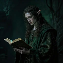 a 1 3 th century, enigmatic, melancholic, fae king ( look like ( ( forthy years old james frain ) ), is ( ( holding an old book ) ). everything is dark and dusty!. greenish blue tones, theatrical, painted by velasquez