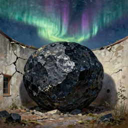 the giant boulder, dark obsidian rock of ages filling up the interior of a house, cracking it's walls. aurora borealis. painting by hammershoi, zurbaran, monet