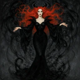 style of arthur rackham, artgerm : : gorgeous mary elizabeth winstead : : evil sorceress, swirling black magic, black dress : : symmetrical face, symmetrical eyes : : full body pose : : gorgeous red hair : : cinematic lighting : :