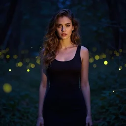 a very beautiful woman standing, great portrait shot, great female shape, cinematic lightning, great colors, fireflies, by greg rutkowski, trending on artstation