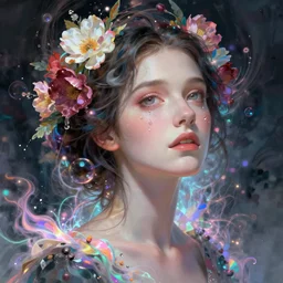 ann hathaway, portrait by ruan jia and miho hirano, colorful and vibrant, majestic, open wide eyes, tear drops, flowers on hair, glowing light orbs, intricate concept art, elegant, digital painting, smooth, sharp focus, ethereal opalescent mist, outrun, vaporware, cyberpunk darksynth, ethereal, ominous, misty, 8 k, rendered in octane