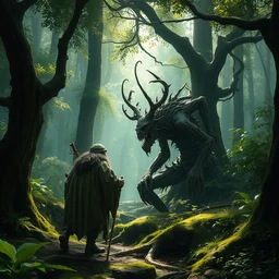 a gnarled and crooked wooden creature meeting a druid in an overgrown and lush forest, fantasy creature in a forest by greg rutkowski, esuthio, craig mullins, cinematic lighting, dramatic composition, beautiful nature, concept art
