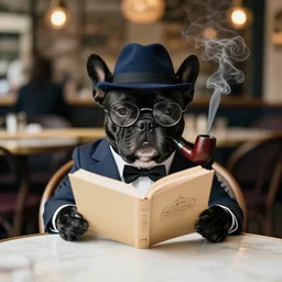 a portrait picture of a black french bulldog wearing a dinner jacket wearing a hat and reading glasses, smoking a pipe sitting at a table at a french cafe cinematic symmetric n - 4