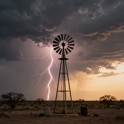 photo of a stormy west texas sunset, perfect windmill, film photo, lightning, golden hour, high quality, beautiful!!!
