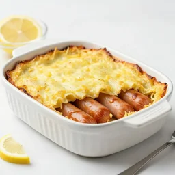 sausage pasta bake with lemon, food photography, studio kitchen