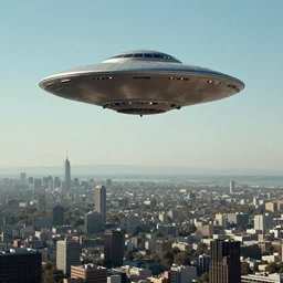 a flying saucer hovering over a city far away view concept art