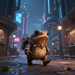 Steam-punk Toad walking down the street of a futuristic city, nighttime, synthwave style
