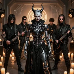cyberpunk black metal band, guitarists, bassist, drummer, vocalist, all black cyberpunk clothes, robotic prosthetic limbs, dermal implants, detailed faces, cyborg satan, futuristic, realistic, promo photograph, epk, room full of candles, high quality, highly detailed