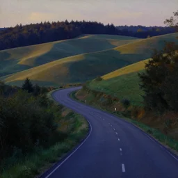 a road weaving through rolling hills from the edge of a forest at dusk. perspective landscape. strong shadows. deep colorful soft gradients, and translucence. by norman rockwell and eyvind earle