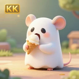 A cute 3d render of a ghost mouse eating an ice cream in the sun, 4k
