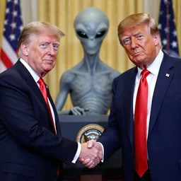 press photo of donald trump facing the camera shaking hands with a gray alien