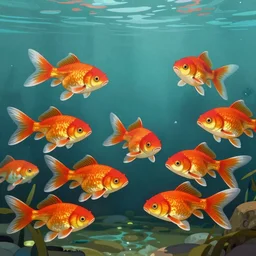 An aesthetically pleasing, dynamic, energetic, lively, well-designed digital art of goldfish in a pond viewed from underwater, by Akira Toriyama and Ohara Koson and Thomas Kinkade, Traditional Japanese colors, superior quality, masterpiece, excellent use of negative space. 8K, superior detail, widescreen.
