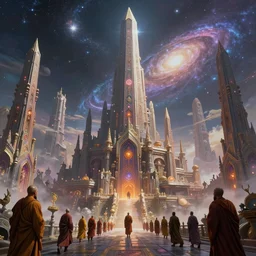 an epic fantastic realism painting in a graphic novel style of the intricate alien cityscapes of a race of ancient wizard monks from a planet in a distant galaxy, giant monumental obelisk rising from the center, 8 k, ultra realistic, lens flare, atmosphere, glow, detailed, intricate, full of colour, cinematic lighting, trending on artstation, 4 k, hyperrealistic, focused, extreme details, unreal engine 5, cinematic, masterpiece