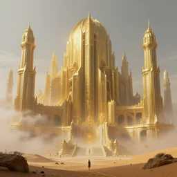 an anthropomorphic beautiful ultradetailed futuristic civilisation in a desert, gold, mist, fog,, dungeon temple, fine art, award winning, intricate, elegant, sharp focus, octane render, hyperrealistic, cinematic lighting, highly detailed, digital painting, 8 k concept art, art by jamie hewlett and z. w. gu, masterpiece, trending on artstation, 8 k