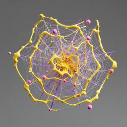 tangled web of stringy yellow slime and purple webs and pink globules, Houdini generative render by Edward Hopper and James Gilleard, octane render, 4k HDR