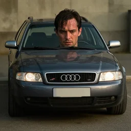 Audi A4 B6 Avant (2002) as The American Psycho, sweating hard, cinematic still
