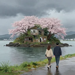 walking around dilapidated ikeshima island, nagasaki, japan. volumetric lighting, rain, spring middag, dark overcast weather, realistic illustration, perfectly shaded, soft painting, art by krenz cushart and wenjun lin