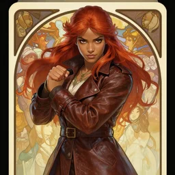 portrait of beautiful half elf monk, witty female teenager, brown skin, red hair, fisting, leather trench coat, badass, high fantasy, dnd, smooth, sharp focus, illustration, by rossdraws, alphonse mucha, frank fanzzeta, collectible card art
