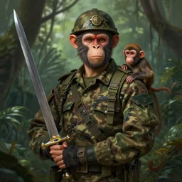 a portrait of a chad soldier, wearing camouflage, holding a sword, pet monkey warpaint, jungle, deep focus, d & d, fantasy, intricate, elegant, highly detailed, digital painting, artstation, concept art, matte, sharp focus, illustration, hearthstone, art by artgerm and greg rutkowski and alphonse mucha