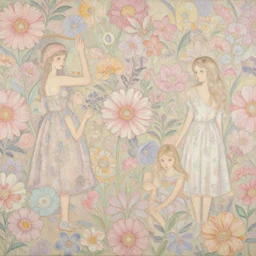 breathtaking detailed concept art painting pattern blend of flowers and girls, by soey milk, bizarre compositions, exquisite detail, pastel colors, 8 k