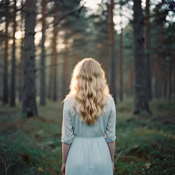 photograph of a beautiful!!! woman! from the back standing in a dark pine forest by mark owen. scotland mood. pastel colors. kodak portra 4 0 0 film!!. whirl bokeh!. mamiya 7. highly detailed. hq. photoreal. golden hour. lens flare. faded film. in - frame