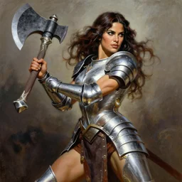 a frank frazetta oil painting of a beautiful muscular salma hayek wearing silver armor holding a large battle axe, dynamic shot, hd 4 k, intricate, highly detailed, atmospheric, sharp