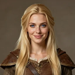 portrait, 30 years old women :: fantasy :: blue eyes, long straight blonde hair :: attractive, symmetric face, friendly, smiling :: brown medieval cloting, natural materials :: high detail, digital art, RPG, concept art, illustration
