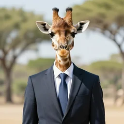 giraffe wearing a suit and tie, ready for a meeting, close business portrait