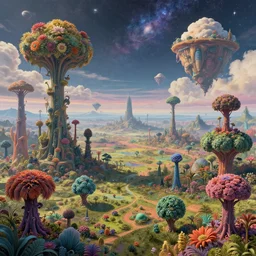 a view of a surreal alien variated planetary fractal landscape with gigantic and small colorful weird trees and flora of varying densities and sizes scattered across the vast landscapes, surreal clouds, floating islands, 4 k, retro, detailed, vibrant, weird skies, extradimensional, stars, galaxies, trending on artstation