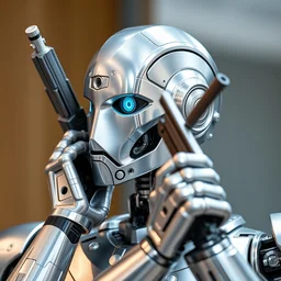 an aluminum robot with a gun pointed right at its head