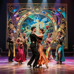 latin dance band in the style of art nouveau. lively. colorful. hd.
