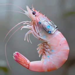 natural light, soft focus portrait of a cyberpunk anthropomorphic shrimp with soft synthetic pink skin, blue bioluminescent plastics, smooth shiny metal, elaborate ornate head piece, piercings, skin textures, by annie leibovitz, paul lehr