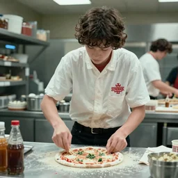 Film Still of Eleven working in a pizza parlor making pizza in the new Stranger Things movie, 4k