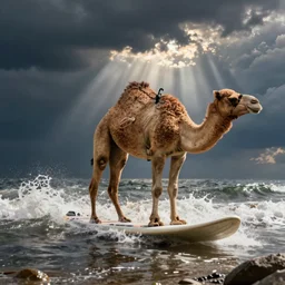 hyperrealistic photo of a camel surfing