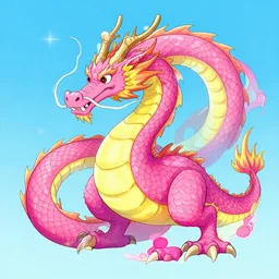 dragon, pink, yellow, blue