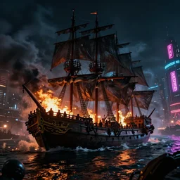 pirate ships at war at night, smoke, fire, chaos, photo realistic, 8k, artstation, Blade runner, neon, neon signs in the distance, dark, cinematic, high contrast, epic
