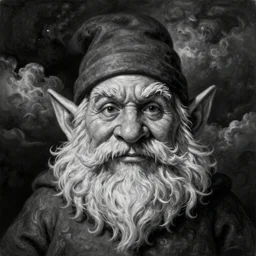By Tom Bagshaw, ultra realist soft painting of gloomy universe by night, Dwarf smile beard, symmetry accurate features, very intricate details, ominous sky, black and white, volumetric light clouds