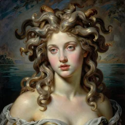 Baroque painting of Medusa in a lake, inspired by Gustav Moreau and Wayne Barlowe, exquisite detail, hyper realism, ornate, exquisite detail, cute face