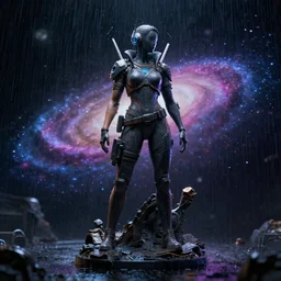 cyberpunk statue, rain, space, galaxy, octane render, hyperrealism