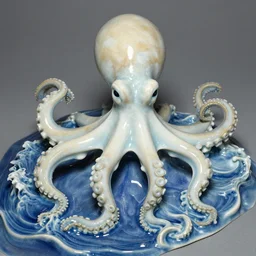a porcelain sculpture of octopus, photorealistic, centered, close up shot, flash photography, biege, white, light - blue, dark - blue, waves of water, by bob eggleton, trending on artstation