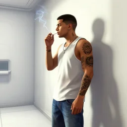 a tattooed young and thin latino guy, alone, looking out a white room wearing a sleeveles shirt and blue jeans, short hair, tattoos, smoking, illustration, gta v, unreal engline, cinematic lighting, establishing shot, wow, science fiction, art by lliam brazier