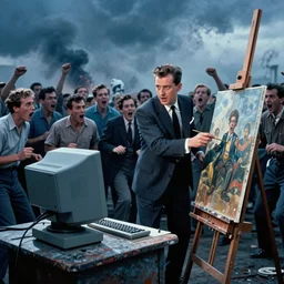 1950's picture of a clash between crypto artist and traditional artist blue tone, terrors and riot on people faces that watching, there's a computer in the side of the artist and an easel painting on the other side, the sky is rumbling, smokes everywhere
