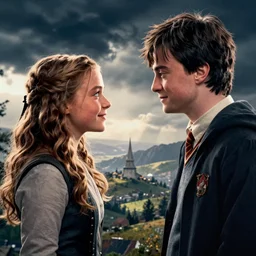 side view of ( ( ( ( ( katniss everdeen ) ) ) ) ) facing harry potter, fantasy movie poster