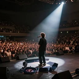 a lone singer on stage, with spotlight beam, huge crowd in audience, facing stage, zoom lens, ultra realistic, artstation, dramatic lighting, album