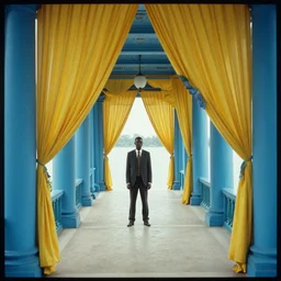movie still by djibril diop mambety of a blue neoclassical corridor with yellow drapery finishing in a lake, cinestill 8 0 0 t 3 5 mm, heavy grain, high quality, high detail, isometric view
